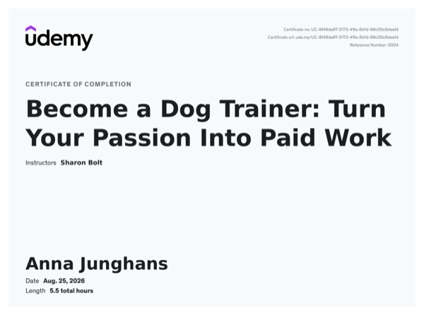 Become a Dog Trainer certificate — Udemy, with Sharon Bolt